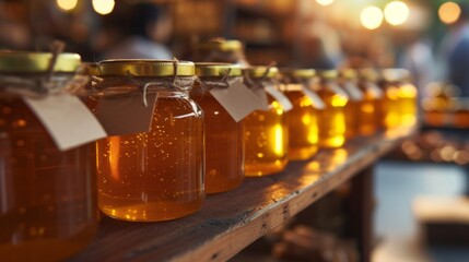 Row of honey jars with burlap covers and tags on a wooden shelf at a local market.
