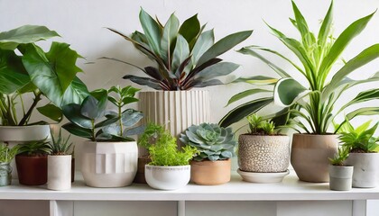 collection of various houseplants displayed in ceramic pots with background potted exotic house plants on white shelf against white wall home garden banner