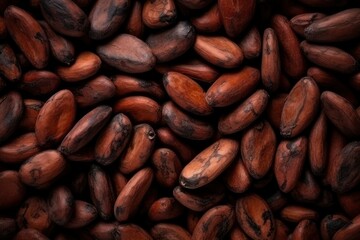 Cocoa background. Fragrant cocoa beans close-up top view. Roasted beans for making chocolate, pattern