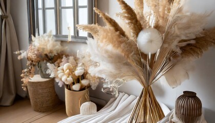 pampas grass and lunaria are collected in a bouquet for room decor bouquet of dried flowers floral minimal home interior boho style boho style holiday photo zone decor - obrazy, fototapety, plakaty