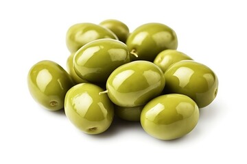 Green olives on a white background. Beautiful fruits of the olive tree, an ingredient for making olive oil. Object for design, advertising - obrazy, fototapety, plakaty