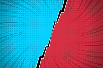 Fototapeta premium Flat design red comic style background. Pop art comic background lightning blast halftone dots. Pop comics book cartoon magazine cover. Cartoon funny retro pattern strip mockup. Split screen