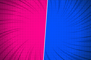 Flat design red comic style background. Pop art comic background lightning blast halftone dots. Pop comics book cartoon magazine cover. Cartoon funny retro pattern strip mockup. Split screen