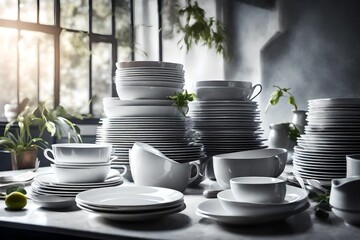 A stack of freshly washed dishes arranged flawlessly, reflecting the perfect lighting to showcase their cleanliness and polished state