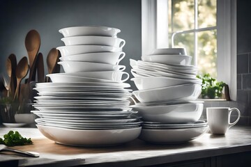 A stack of freshly washed dishes arranged flawlessly, reflecting the perfect lighting to showcase their cleanliness and polished state - obrazy, fototapety, plakaty