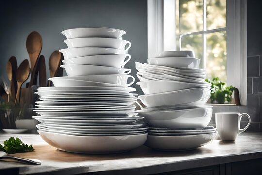 A stack of freshly washed dishes arranged flawlessly, reflecting the perfect lighting to showcase their cleanliness and polished state