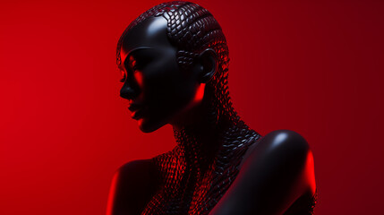 Girl cyborg cobra in a black leather suit made of scales on a red background. Fashion horror design. - 729537592