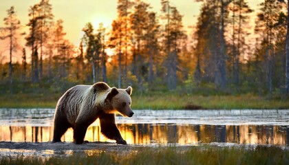 big male bear walking in the bog at sunset - Powered by Adobe