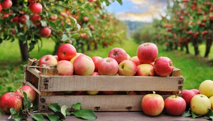 ripe organic apples in a wooden boxes on the background of an apple orchard