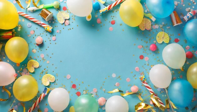 birthday party background on blue top view frame made of colorful serpentine balloons candles candies and confetti