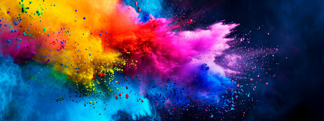 High-spirited crowd celebrating Holi with vibrant powder colors flying in the air, creating a dynamic and joyful scene. - obrazy, fototapety, plakaty