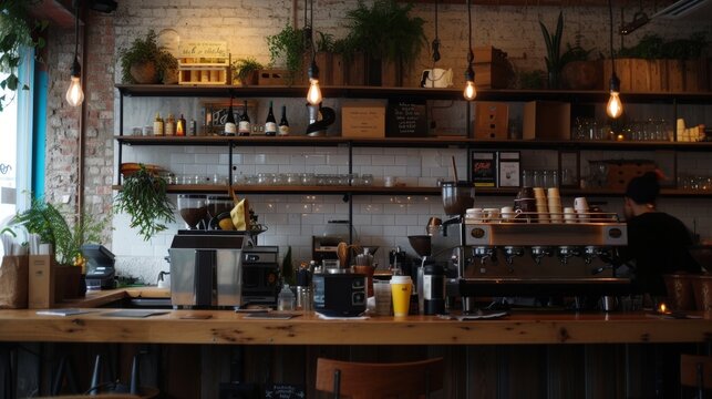 Warm and inviting interior of a rustic coffee shop with natural light.