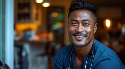 Happy asian or hawaiian male doctor