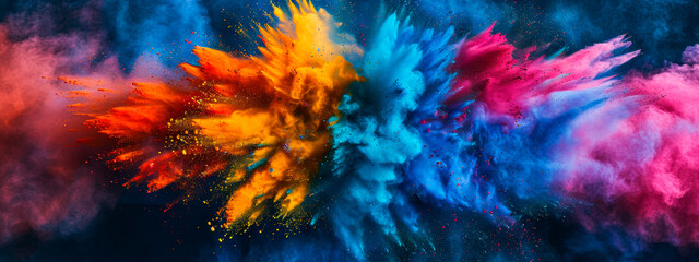 High-spirited crowd celebrating Holi with vibrant powder colors flying in the air, creating a dynamic and joyful scene.