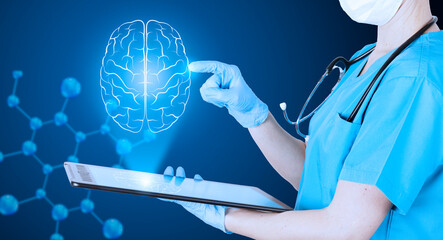 Doctor Neurologist in a medical uniform points his finger at the hologram of the brain in neon color. brain defects. dark blue background with DNA molecule. Medical poster.