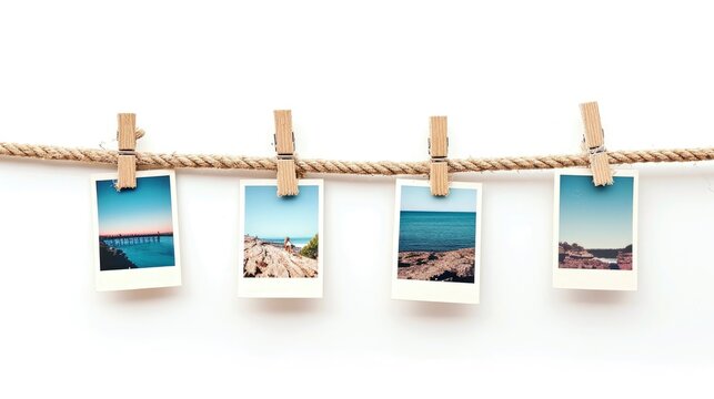 photos hanging on rope isolated on white background