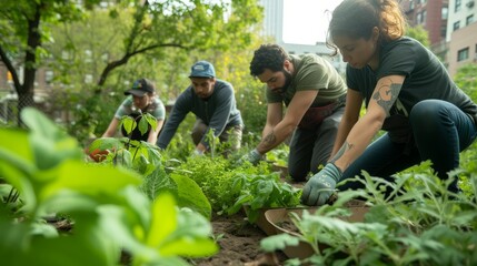 Naklejka na ściany i meble Group of volunteers busily planting in an urban community garden.