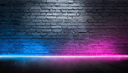 black brick wall background rough concrete with neon lights and glowing lights lighting effect pink and blue on empty brick wall background