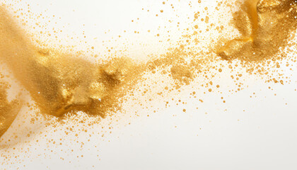 Wide gold glitter falling particles on white background. Copy space. Space for text. Golden glitter festive background for invitation, gift card, gift voucher. invitation. Particle explosion. 