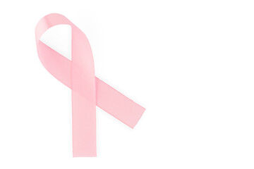Pink ribbon, symbol of social awareness, isolated on white background, top view. World Cancer Day....
