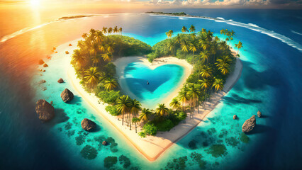 Heart-shaped paradisiac island in the middle of a blue lagoon with exotic beaches and palm trees