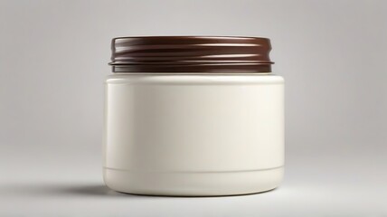 a white jar for body cream or lotion on a gray background , a white jar for demonstrating or advertising a product for the skin of the face and body