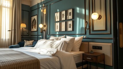 Spacious bedroom with neoclassical design elements, illuminated by soft lighting, showcasing comfort and style.