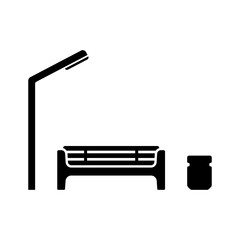 Bench, street lamp and trash can icon. Black silhouette. Front side view. Vector simple flat graphic illustration. Isolated object on a white background. Isolate.