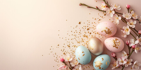 Easter eggs on a pastel background with flowers. Spring composition with copy space.
