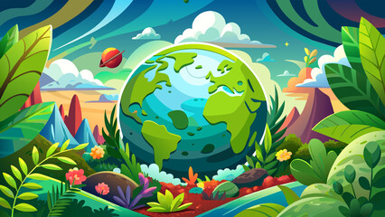 Naklejka premium Globe surrounded by elements representing Earth Day's significance, Generative AI