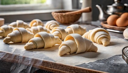 raw crescent rolls on table in bakery
