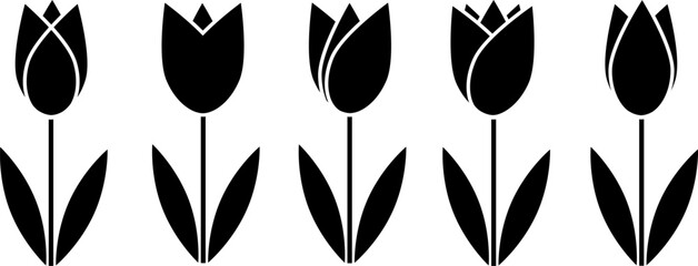 Tulip flower icon vector set. Simple tulip silhouette sign .Black tulip flowers with leaves line icons collection . - obrazy, fototapety, plakaty