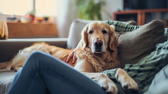 Golden Retriever resting its head on its owner's lap, enjoying a relaxing time on a comfortable couch.