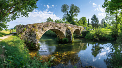 Fototapeta na wymiar A panoramic view of a medieval stone bridge crossing a tranquil river in the countryside.