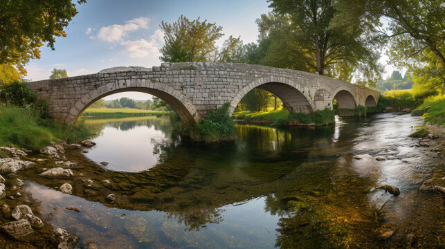 A panoramic view of a medieval stone bridge crossing a tranquil river in the countryside.