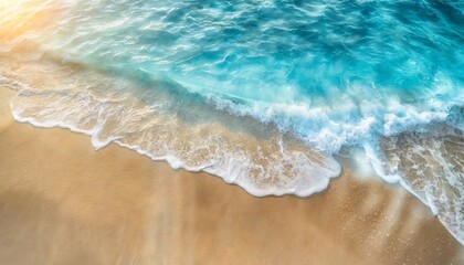 abstract sand beach from above with light blue water wave and sun lights summer vacation background concept banner with copy space natural beauty spa outdoors - obrazy, fototapety, plakaty