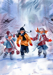 Watercolor illustration of children playing in winter forest.