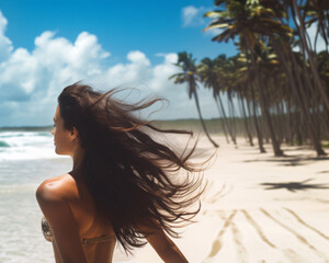Brasilianische Schönheit am sonnenverwöhnten Strand mit palmengesäumtem Hintergrund - obrazy, fototapety, plakaty