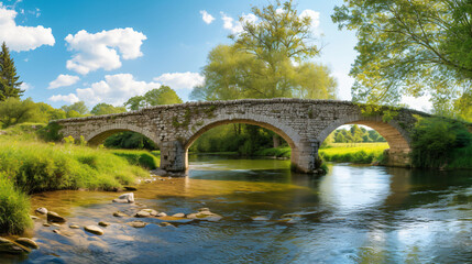 Fototapeta na wymiar A panoramic view of a medieval stone bridge crossing a tranquil river in the countryside.