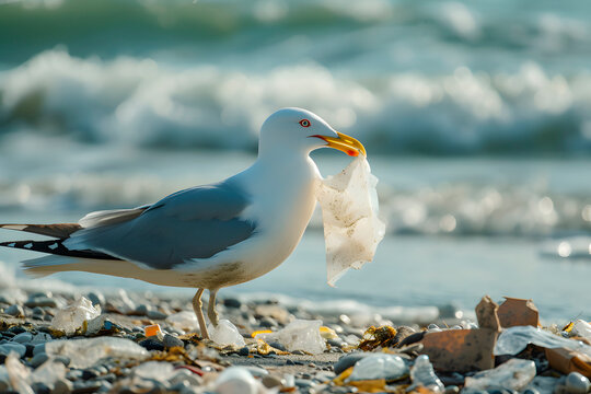Seagull with a plastic bag in the beak on the sea shore. Seagull eat a plastic bag. Microplastic is food for sea birds. Garbage at ocean. Envo Ocean pollution concept. Environmental warning.