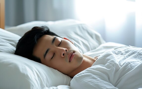 Close shot of Korean man sleeping in white bed with a empty space, Generative AI.