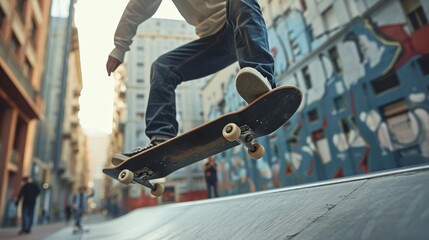 Skateboarder in mid-trick with an expansive cityscape and clear blue sky backdrop.
