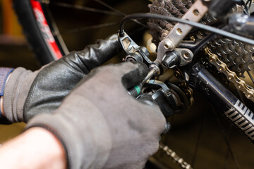 Fototapeta premium The bike master sets the derailleur