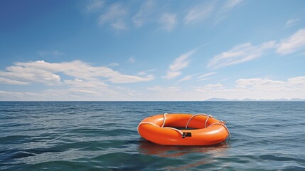 Fototapeta premium lifebuoy safety and rescue concept. Prevent drowning. An orange lifebuoy floats on the sea