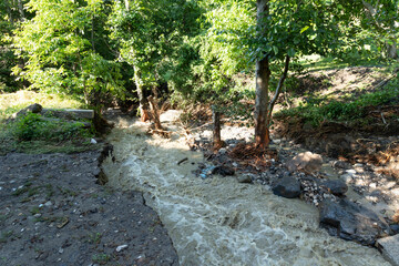 Dirty stream of a mountain river after rain and mudflow with soil erosion. Landslides and natural disasters concept