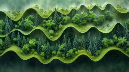 Surreal Landscape of Wavy Greenery and Dense Trees in a Misty Ambiance