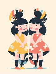 Cute twins girls sisters from Kingdom of Curved Mirrors fairytale, minimalistic vector style