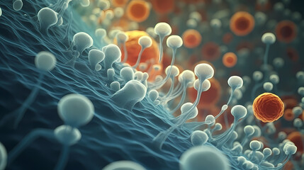 Obraz premium Various shapes of bacteria, probiotics under microscope, science, medicine concept background