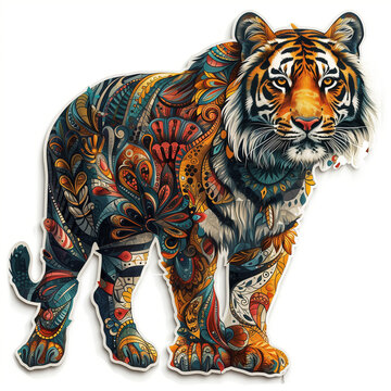 Isolated image of a tiger in zentangle patterns on a white background, for stickers, for design, generative ai, generative, ai