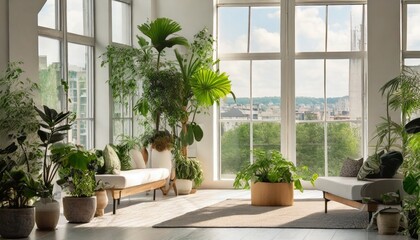sunlight fills the spacious airy rooms biophilic design in a minimalist white interior with plants view of the city from the panoramic windows ecological green and modern interior concept